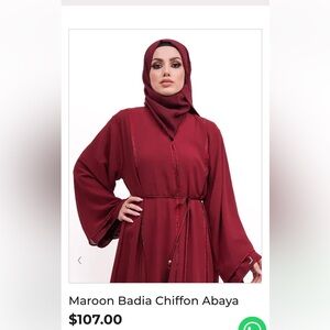 Burgundy BADIA Chiffon Abaya with Beaded Details